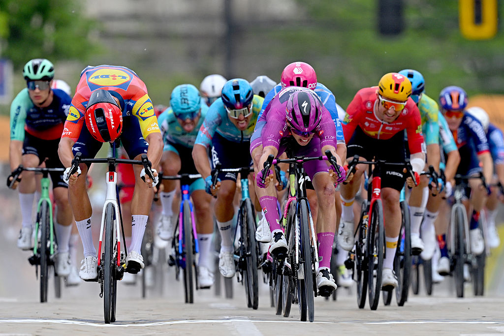 SOFIA, BULGARIA - MAY 10: (L-R) Jonathan Milan of Italy and Team Lidl - Trek, Paul Magnier of France and Team Soudal Quick-Step - Purple Points Jersey, Madis Mihkels of Estonia and Team EF Education - EasyPost sprint at finish line during the 109th Giro d&amp;apos;Italia 2026, Stage 3 a 175km stage from Plovdiv to Sofia / #UCIWT / on May 10, 2026 in Sofia, Bulgaria. (Photo by Tim de Waele/Getty Images)