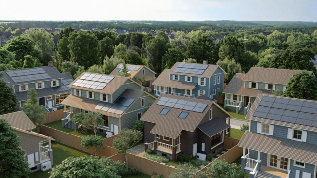 An illustration of standalone suburban homes set against a backdrop of trees. Each home has rooftop solar panels and a rectangular XFRA node along the outside wall on the ground, along with a wall-mounted smart panel and backup battery.