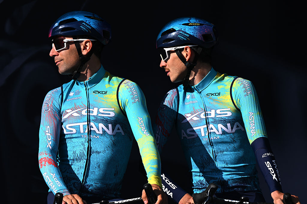 LIEGE, BELGIUM - APRIL 26: (L-R) Diego Ulissi of Italy and Christian Scaroni of Italy and Team XDS Astana prior to the 112th Liege - Bastogne - Liege 2026 - Men&amp;apos;s Elite a 259.5km one day race from Liege to Liege / #UCIWT / on April 26, 2026 in Liege, Belgium. (Photo by Dario Belingheri/Getty Images)