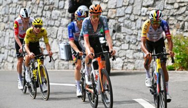 2026 Giro d'Italia stage 16: Thymen Arensman (2-L) and Egan Bernal (1-L) in the chase group behind stage winner Jonas Vingegaard