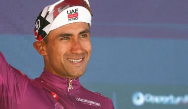 UAE Team Emirates - XRG Ecuadorian rider Jhonatan Narvaez poses with the best sprinter's cyclamen jersey on the podium of the 14th stage of the Giro d'Italia 2026 - Tour of Italy cycling race between Aosta and Pila (Gressan), Italy, on May 23, 2026. (Photo by Luca Bettini / AFP)