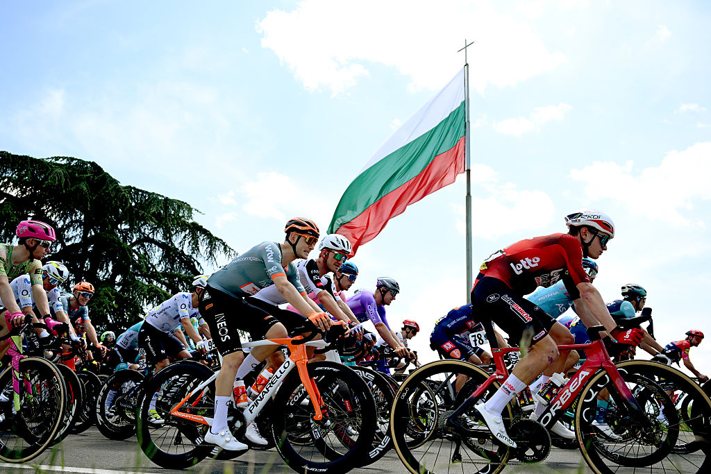 SOFIA, BULGARIA - MAY 10: (L-R) Magnus Sheffield of United States and Netcompany INEOS Cycling Team, Mikkel Bjerg of Denmark and UAE Team Emirates - XRG, Lennert Van Eetvelt of Belgium and Team Lotto Intermarche and a general view of the peloton competing during the 109th Giro d&amp;apos;Italia 2026, Stage 3 a 175km stage from Plovdiv to Sofia / #UCIWT / on May 10, 2026 in Sofia, Bulgaria. (Photo by Dario Belingheri/Getty Images)