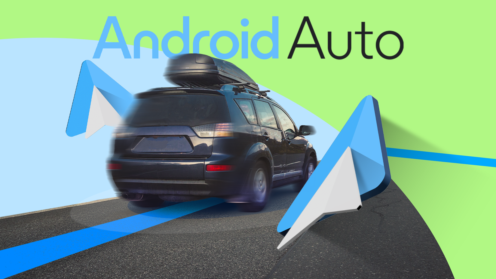 A dark SUV driving on a road, surrounded by large Android Auto icons.