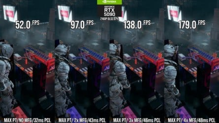 A quick look at path tracing scalability maxed on RTX 5090 with 4K DLSS quality mode, alongside RTX 5070 with optimised settings set to 1440p DLSS balanced mode. Click on the images for higher resolution.