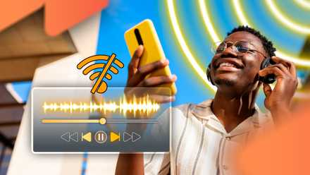 A young man listening to music on his phone in an offline music player.