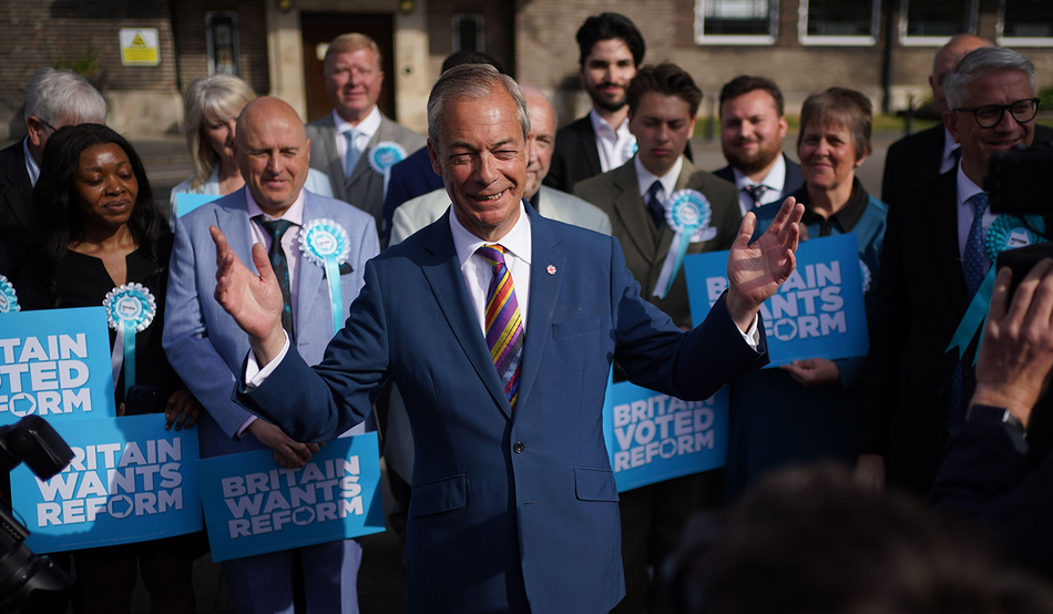 Nigel Farage in Havering Town Hall, Romford, after Reform UK won control of the east London council. Image: PA Images / Alamy