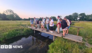 A group of about a dozen people standing on a small wooden bridge over a canal looking at what's in the water. The bridge goes between two grassy fields. It appears to be around dusk, with a gold light shining on the ground.