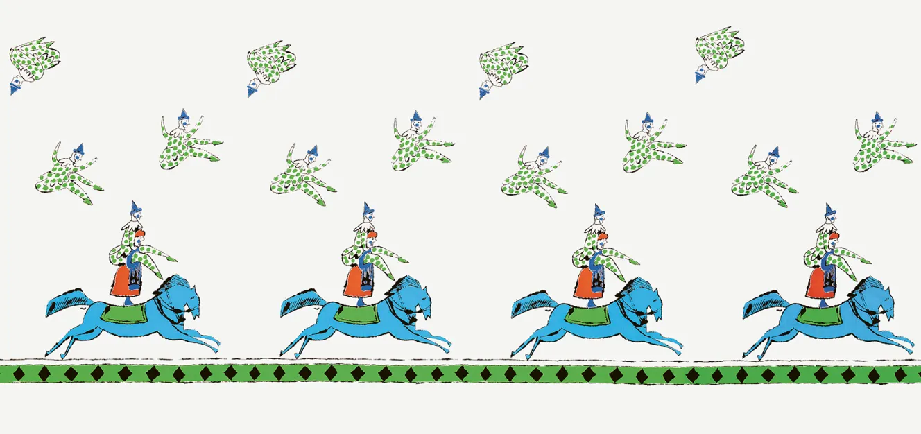 Illustration of blue horses with clowns on their backs and smaller tumbling clowns above them.