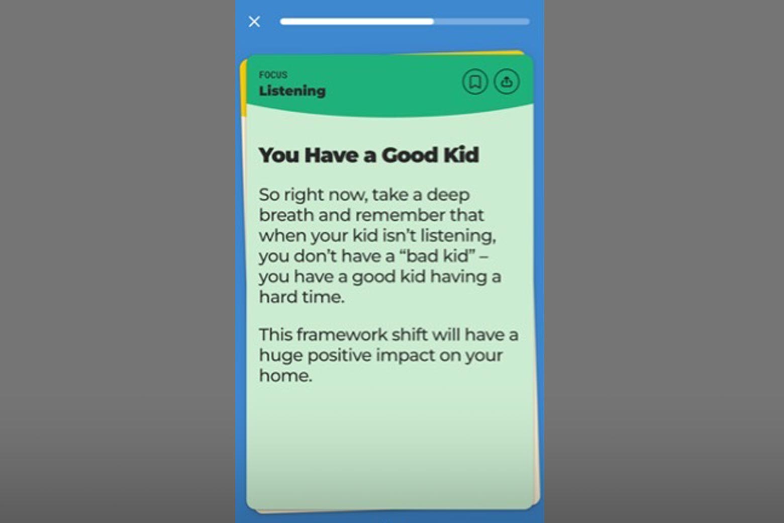 A slide from Good Inside that reads: "Focus: Listening. You have a good kid."