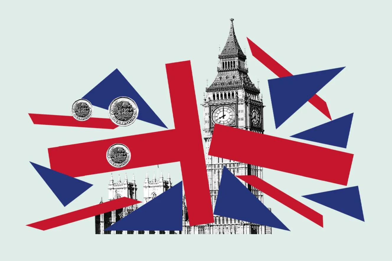 Illustration of the UK flag with Big Ben and pound coins, suggesting economic instability.