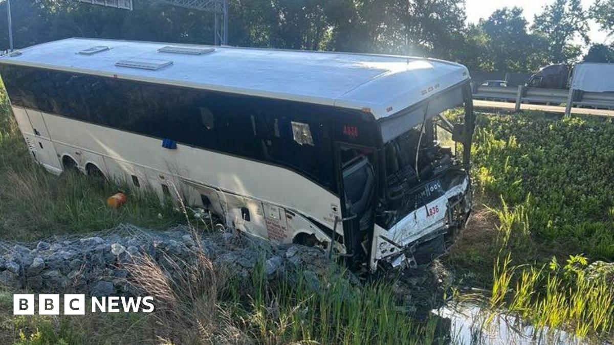A white and black bus sits on greenery on the side of a road after a crash.