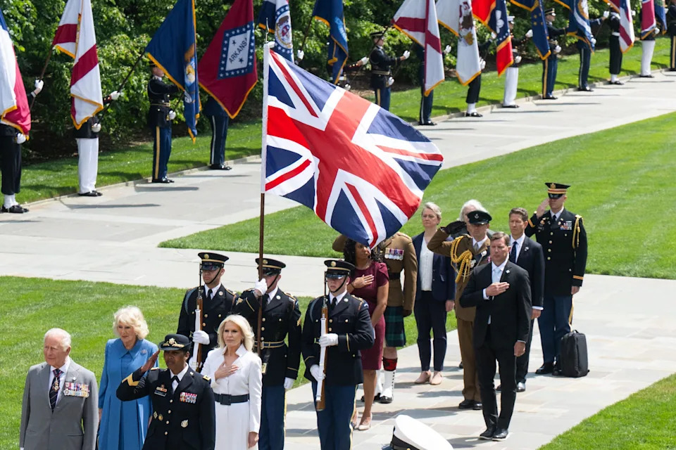 Britain's King Charles III and Queen Camilla attend a ceremony at Arlington National Cemetary in Arlington, Virginia on April 30, 2026.