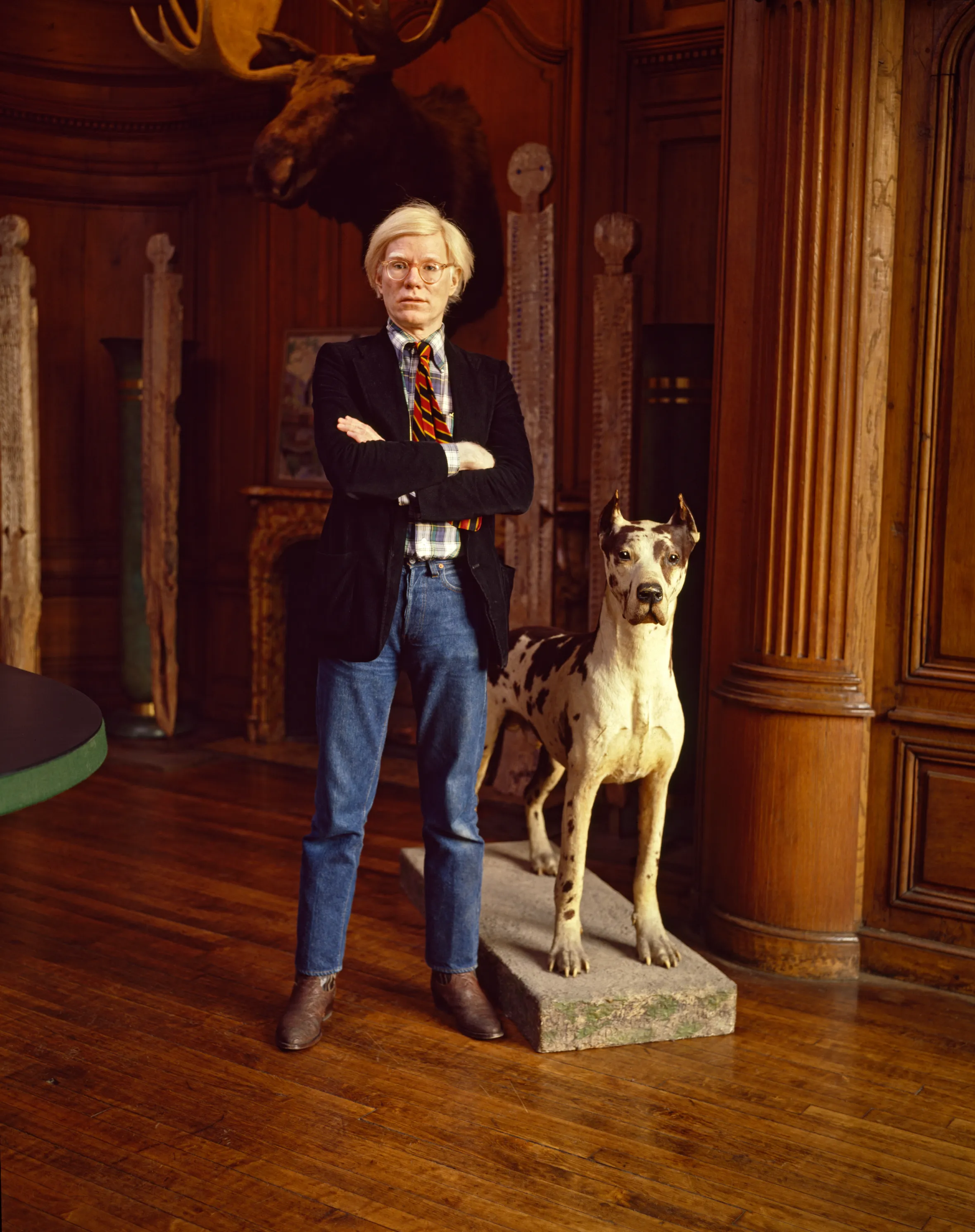 Pop artist Andy Warhol standing next to a taxidermy Great Dane, with a moose head on the wall behind him.