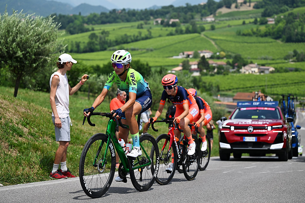 Eleonora La Bella (Aromitalia Vaiano) leads the breakaway on Muro di Ca' del Poggio during stage 2 of the 2026 Giro d'Italia. (Photo by Luc Claessen/Getty Images)