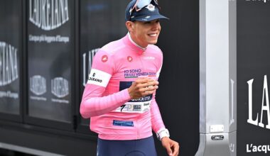 BURGAS, BULGARIA - MAY 08: Detailed view of Paul Magnier of France and Team Soudal Quick-Step celebrates at podium as Pink Leader Jersey winner during the 109th Giro d&amp;apos;Italia 2026, Stage 1 a 147km stage from Nessebar to Burgas / #UCIWT / on May 08, 2026 in Burgas, Bulgaria. (Photo by Dario Belingheri/Getty Images)