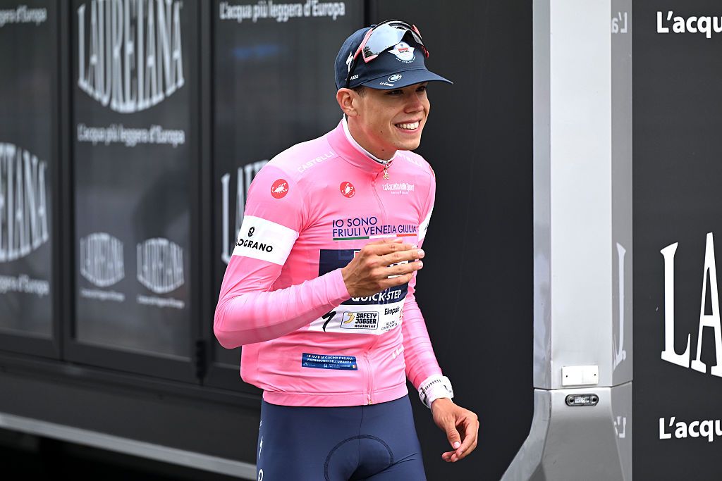 BURGAS, BULGARIA - MAY 08: Detailed view of Paul Magnier of France and Team Soudal Quick-Step celebrates at podium as Pink Leader Jersey winner during the 109th Giro d&amp;apos;Italia 2026, Stage 1 a 147km stage from Nessebar to Burgas / #UCIWT / on May 08, 2026 in Burgas, Bulgaria. (Photo by Dario Belingheri/Getty Images)