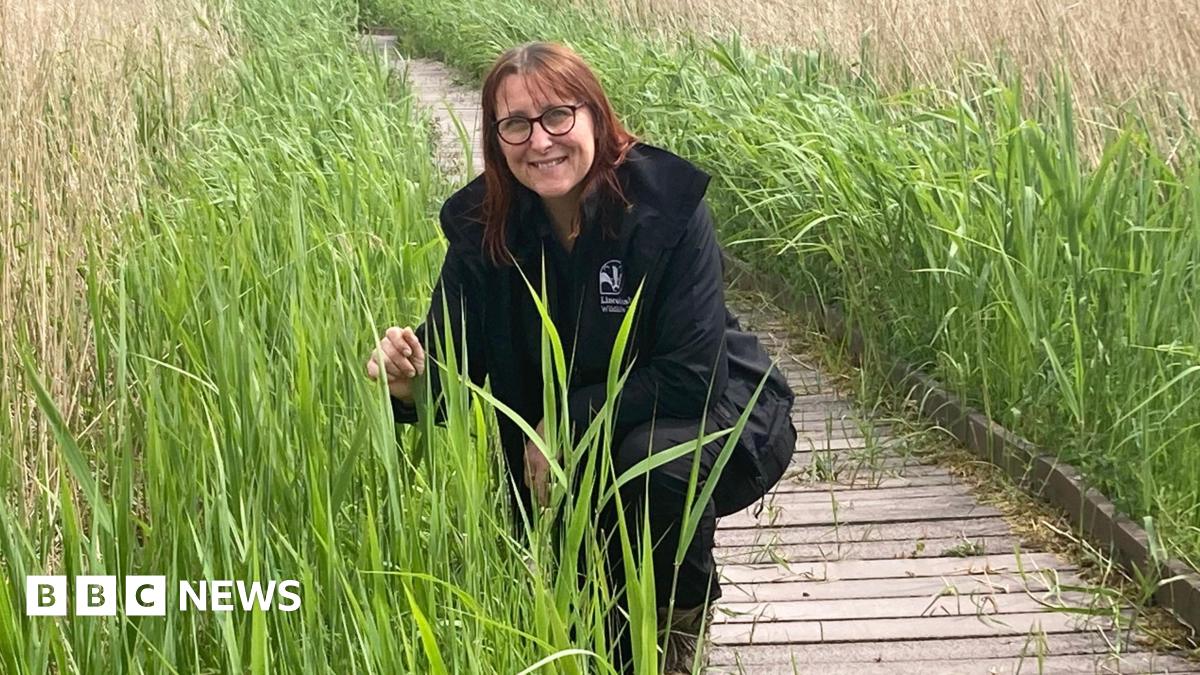 A woman wearing black trousers and a black jacket is crouched on a wooden pathway surrounded by reed beds. The woman smiles at the camera and is wearing glasses and has brown shoulder-length hair.