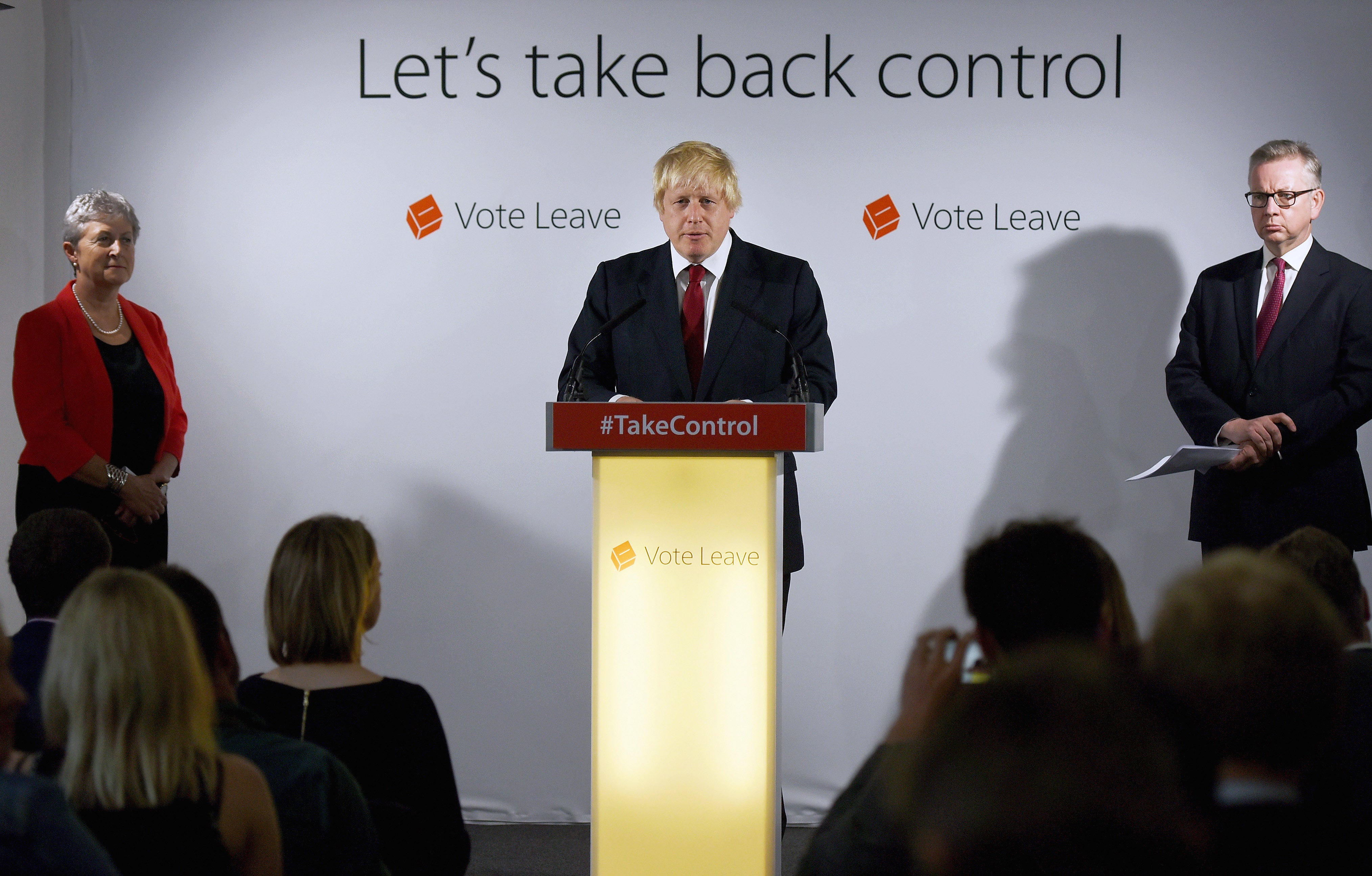 Gisela Stuart, Boris Johnson and Michael Gove hold a press conference at Brexit HQ in Westminster, London, after David Cameron quit following the lost Brexit referendum (Mary Turner/PA)