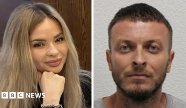 Composite image of Hoisan smiling into the camera, with blond hair and full lips to the left, and a police mug shot of Muzyka, who has short hair and is wearing a grey top to the right
