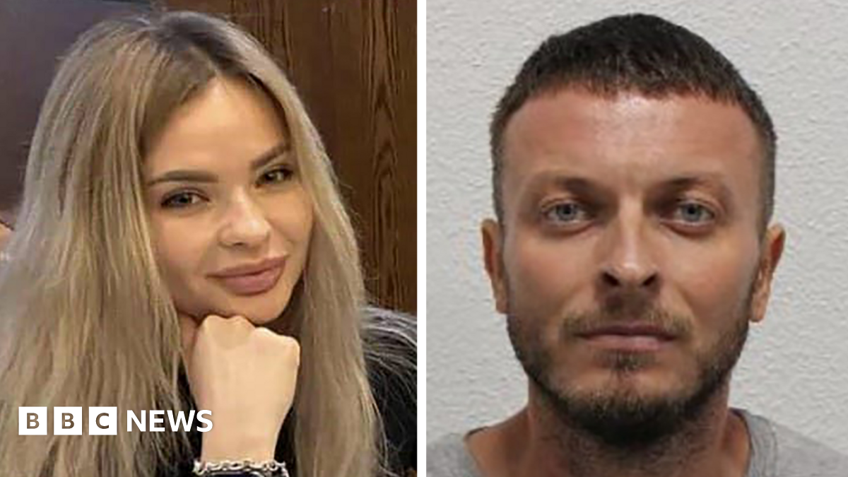 Composite image of Hoisan smiling into the camera, with blond hair and full lips to the left, and a police mug shot of Muzyka, who has short hair and is wearing a grey top to the right