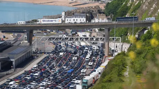 Traffic queuing for the Port of Dover in Kent.