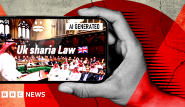 A composite graphic shows a hand holding a phone with an AI-generated image of a man in traditional Islamic clothing, including a red-and-white headdress, addressing the UK Parliament, with several others in similar clothing sitting on the green benches. The video has a caption saying "UK Sharia Law".