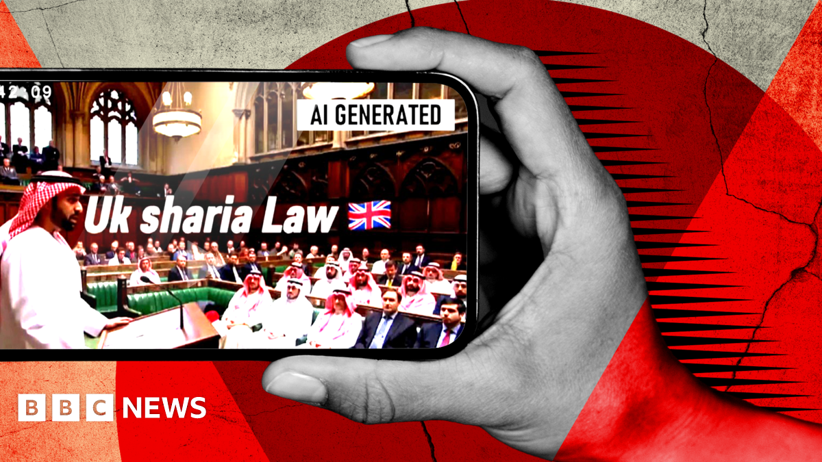 A composite graphic shows a hand holding a phone with an AI-generated image of a man in traditional Islamic clothing, including a red-and-white headdress, addressing the UK Parliament, with several others in similar clothing sitting on the green benches. The video has a caption saying "UK Sharia Law".