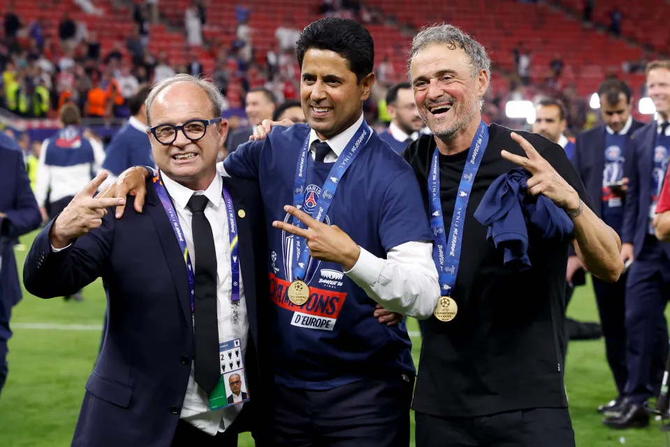 PSG manager Luis Campos, PSG President Nasser Al Khelaifi, PSG coach Luis Enrique celebrate following the UEFA Champions League Final 2026 match between Paris Saint-Germain (PSG) and Arsenal
