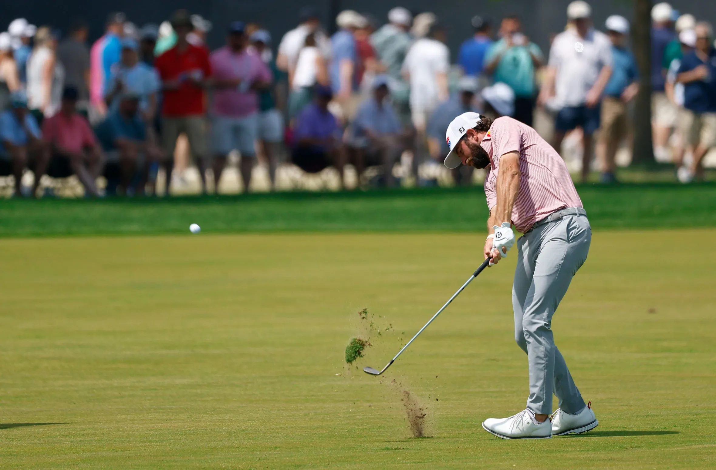 Newtown Square, United States. 17th May, 2026. Cameron Young hits an approach shot on the 3rd fairway during the final round of the 2026 PGA Championship at Aronimink Golf Club in Newtown Square, Pennsylvania, on Sunday, May 17, 2026. Photo by Lauren