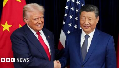 US President Donald Trump exchanges a handshake with Chinese President Xi Jinping while posing for pictures in front of their countries' national flags