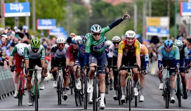 VESZPREM, HUNGARY - MAY 17: (L-R) Tim Merlier of Belgium and Team Soudal Quick-Step - Green Points Jersey celebrates at finish line as stage winner ahead of Alexis Renard of France and Team Cofidis during the 47th Tour of Hungary 2026, Stage 5 a 147.1km stage from Balatonalmadi to Veszprem on May 17, 2026 in Veszprem, Hungary. (Photo by Luc Claessen/Getty Images)