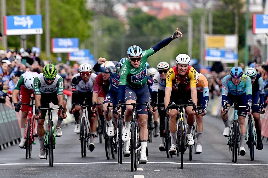 VESZPREM, HUNGARY - MAY 17: (L-R) Tim Merlier of Belgium and Team Soudal Quick-Step - Green Points Jersey celebrates at finish line as stage winner ahead of Alexis Renard of France and Team Cofidis during the 47th Tour of Hungary 2026, Stage 5 a 147.1km stage from Balatonalmadi to Veszprem on May 17, 2026 in Veszprem, Hungary. (Photo by Luc Claessen/Getty Images)