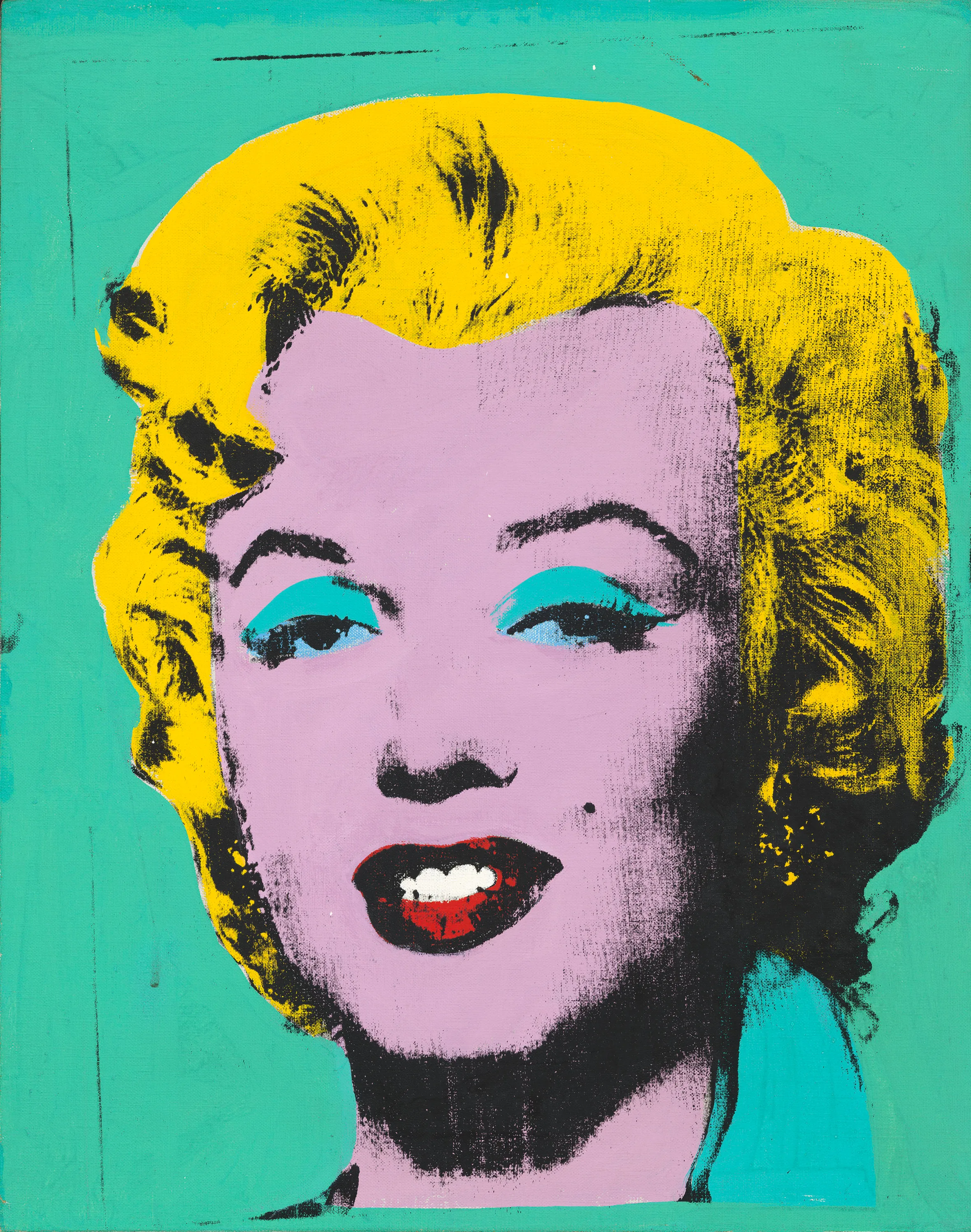 Illustration of Marilyn Monroe with yellow hair, a purple face, red lips, and blue eyeshadow against a green background.