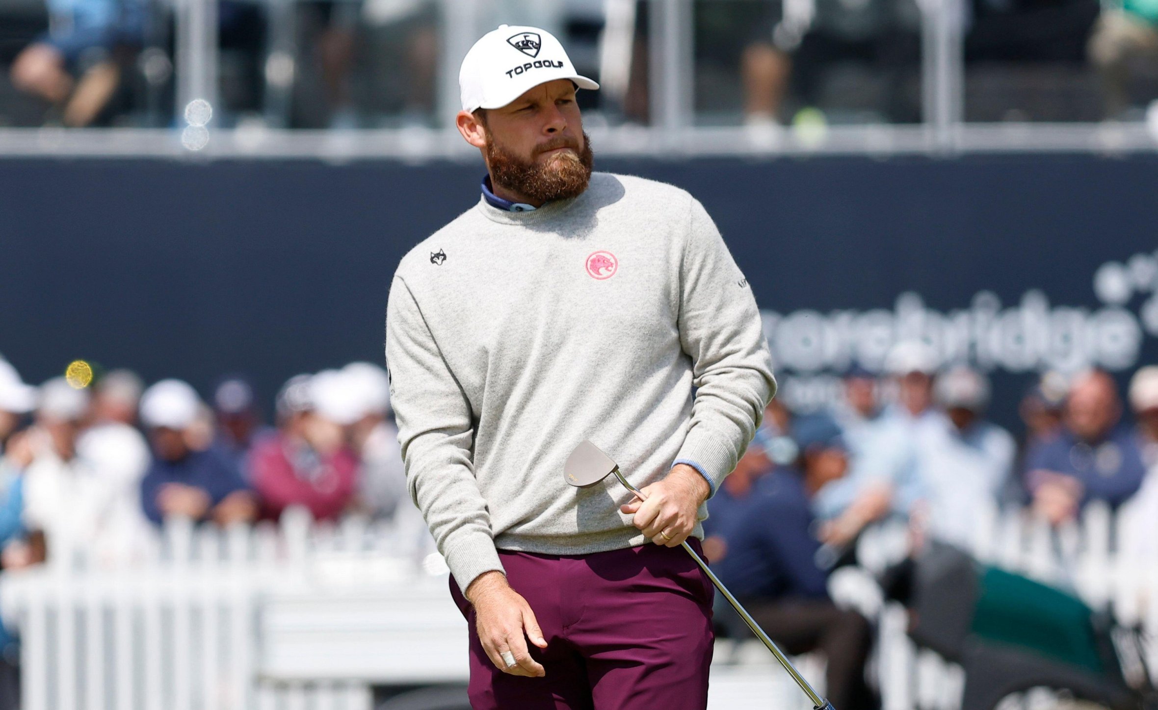 Tyrrell Hatton of England reacts after putting on the 17th hole during the first round of the 2026 PGA Championship at Aronimink Golf Club in Newtown Square, Pennsylvania, on Thursday, May 14, 2026. Photo by Laurence Kesterson/UPI