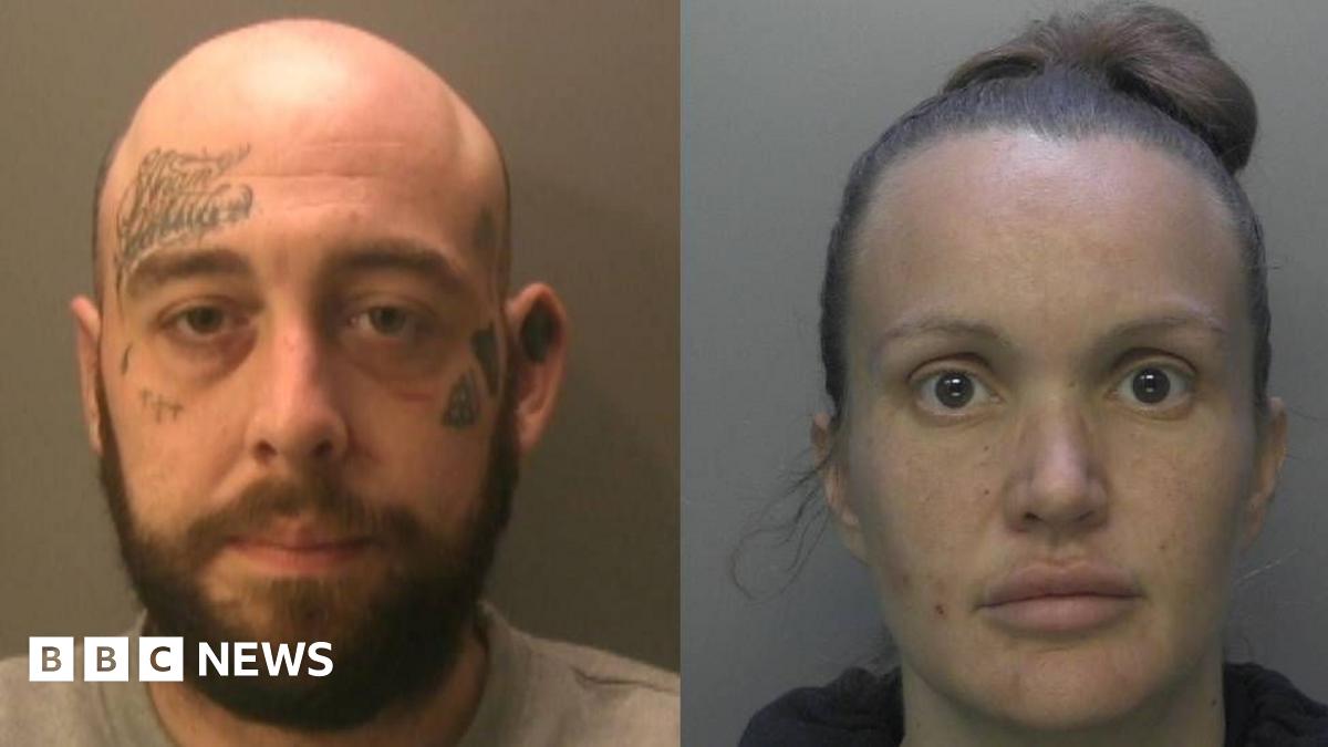 Two police mug shots - on the left a bald man with a beard and tattoos on his forehead and both cheeks stares at the camera, and on the right a woman with hair piled on top of her head also stares at the camera.