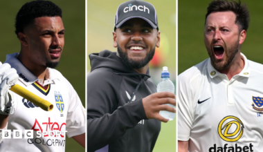 Action pictures of Emilio Gay, left, Rehan Ahmed, centre, and Ollie Robinson