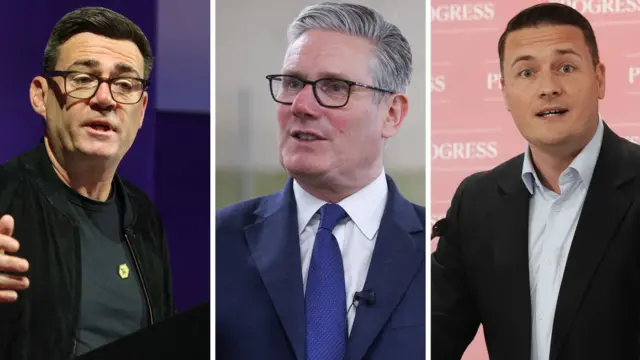 Composite image of Andy Burnham, Keir Starmer and Wes Streeting, all of whom are speaking while addressing audiences.