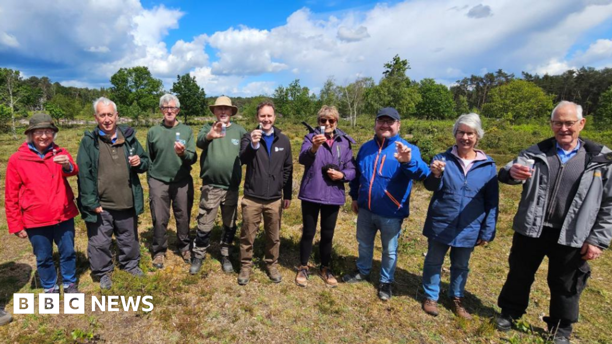 Nine conservation officers stood in a line outside holding test tubes