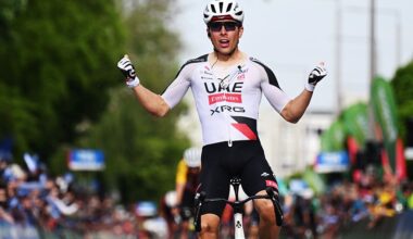 PAKS, HUNGARY - MAY 14: Benoit Cosnefroy of France and UAE Team Emirates - XRG celebrates at finish line as stage winner during the 47th Tour of Hungary 2026, Stage 2 a 205.8km stage from Szarvas to Paks on May 14, 2026 in Paks, Hungary. (Photo by Luc Claessen/Getty Images)