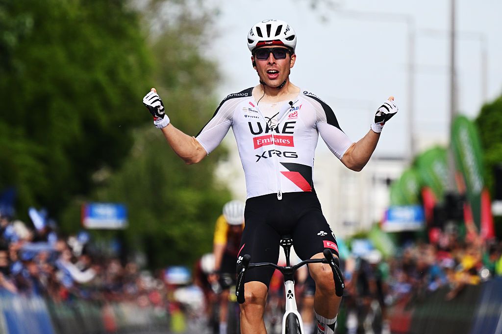 PAKS, HUNGARY - MAY 14: Benoit Cosnefroy of France and UAE Team Emirates - XRG celebrates at finish line as stage winner during the 47th Tour of Hungary 2026, Stage 2 a 205.8km stage from Szarvas to Paks on May 14, 2026 in Paks, Hungary. (Photo by Luc Claessen/Getty Images)