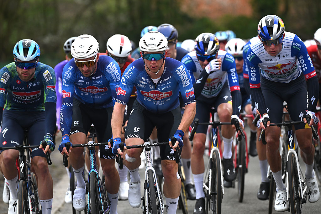 Kaden Groves at the front of the peloton during a Spring Classics race