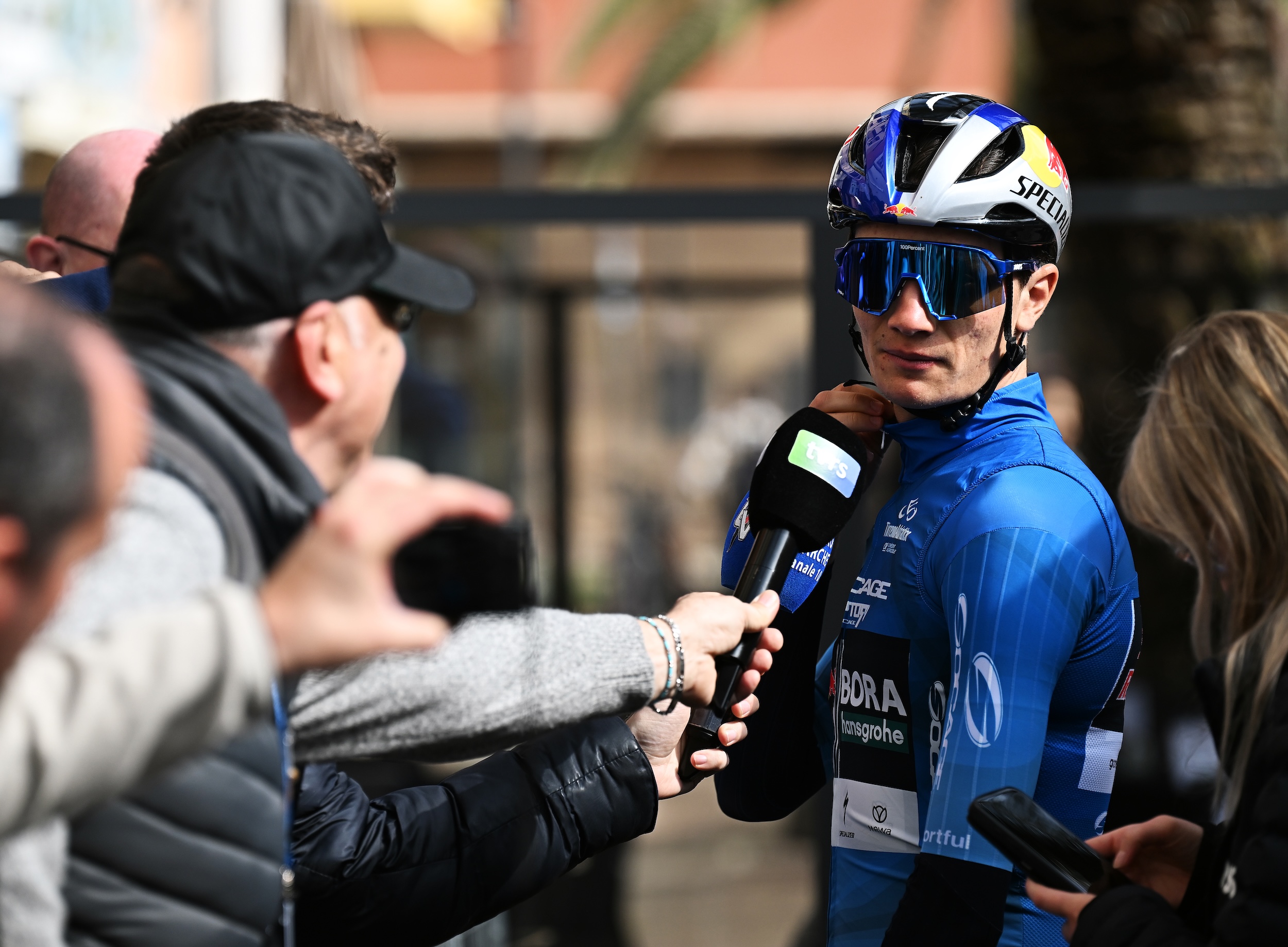 Giulio Pellizzari of Italy and Team Red Bull - BORA - hansgrohe - Blue Leader Jersey prior to the 61st Tirreno-Adriatico 2026, Stage 5 (Photo by Tim de Waele/Getty Images)