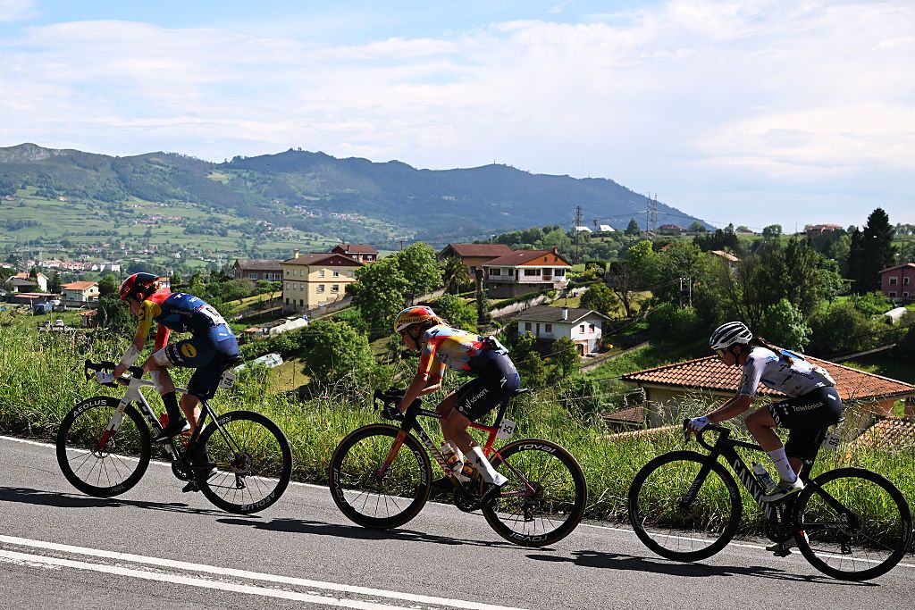 Riejanne Markus (Lidl - Trek), Femke Markus (SD Worx - Protime) and Liane Lippert (Movistar) lead the race during stage 7 of the 2026 La Vuelta Femenina. (Photo by Szymon Gruchalski/Getty Images)