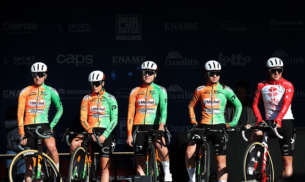 DEINZE, BELGIUM - MARCH 18: A general view of Alison Jackson of Canada, Clemence Chereau of France, Alicia Gonzalez of Spain, Elyne Roussel of France, Karolina Kumiega of Poland and Team St Michel - Preference Home - Auber93 prior to the 7th Danilith Nokere Koerse 2026 - Women&amp;apos;s Elite a 133.3km one day race from Deinze to Nokere / #UCIWWT / on March 18, 2026 in Deinze, Belgium. (Photo by Rhode Van Elsen/Getty Images)
