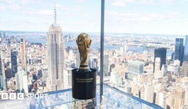 FIFA World Cup trophy on display during the official tour around 2026 host cities