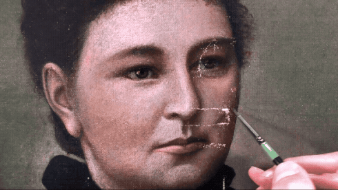 a gif from a video by Baumgartner Restoration of a portrait with torn canvas and creases being restored