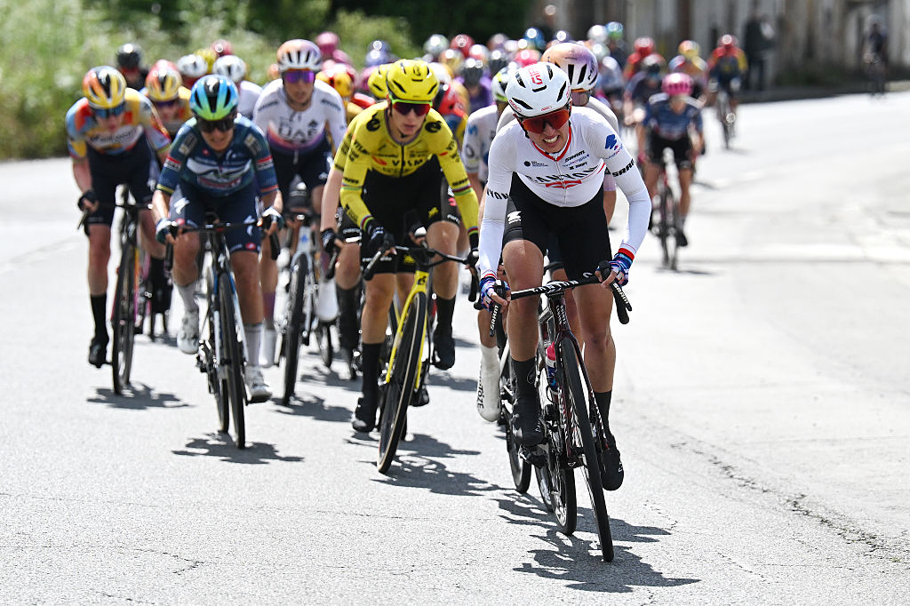 A CORUNA, SPAIN - MAY 05: Kasia Niewiadoma of Poland and Team CANYON//SRAM zondacrypto competes during the 12th La Vuelta Femenina 2026, Stage 3 a 121.2km stage from Padron to A Coruna / #UCIWWT / on May 05, 2026 in A Coruna, Spain. (Photo by Szymon Gruchalski/Getty Images)