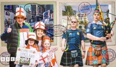 Visual of a family of England supporters and pair of Scotland fans on a background of a postcard that depicts New York and Miami as 2026 World Cup host cities