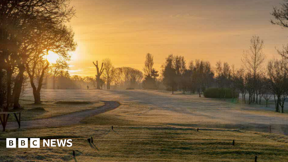 A general view picture of the golf course on a pleasant morning, with the sun rising behind trees on the left of the picture.