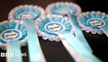 A close-up of five Reform UK election rosettes in turquoise blue and white colours.